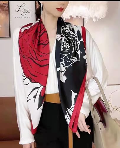 Hioyiwse Head Scarf For Women Hair Bandana 35" Large Square Satin Wrap Sleeping Neck Silk Satin Hair Scarves Lightweight - color: F26-big Red Rose(35*35inch）