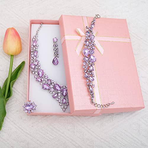 CSY 4 Pcs/Set Austrian Crystal Necklace Earrings Bracelet Ring Bridal Jewelry Sets for Brides Wedding Party Costume Accessories Gifts for Women - color: white gold plated-violet