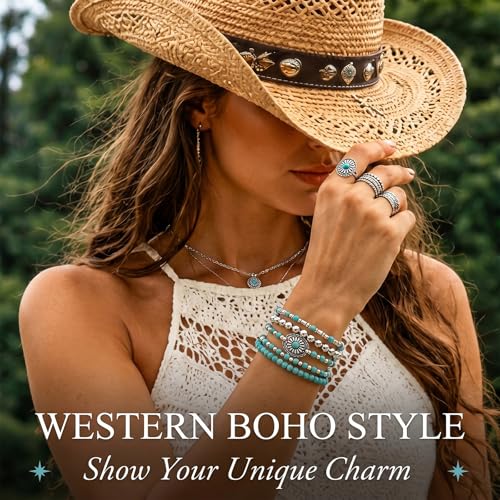 Long tiantian Western Turquoise Beaded Bracelet Set for Women Stackable Cowgirl Bracelets Boho Concho Jewelry Country Concert Rodeo Outfit Accessories Gifts - color: A2:Western Bracelets