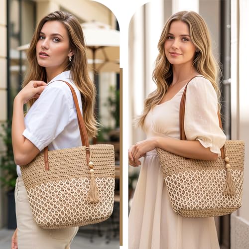 YAMEIZE Straw Woven Beach Shoulder Bags for Women Big Foldable Straw Tote bag Lightweight Raffia Bag with Zipper Summer - color: Multicoloured