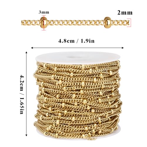 33 Feet Gold Satellite Curb Chain Roll, 2mm 18K Gold PVD Plated 304 Stainless Steel Ball Beaded Twisted Link Chains Spool Bulk for Jewelry Making DIY Craft - color: Gold Small Beads Satellite Curb Chain