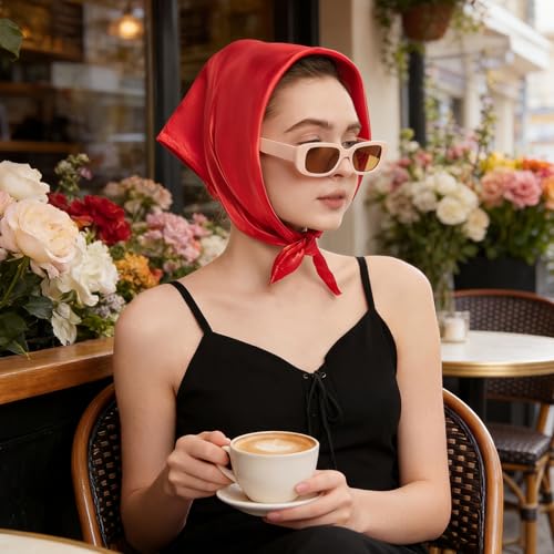 American Trends Women Silk Feeling Scarf Satin Head Scarves Square Wrap Neck Scarf Lightweight Silk Like Bandana - color: 03 Red