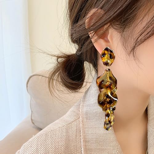 Long Acrylic Rose Petal Earrings Dangle Exaggerated Flower Earrings Drop Statement Floral Tassel Earrings for Women - color: Amber