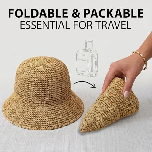Straw Bucket Hat for Women Foldable Summer Beach Sun Hats Wide Brim Crochet Floppy Hat for Vacation Travel Shade & Style - color: Beige-d
