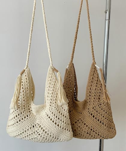 Boho Straw Bags for Women Large Woven Tote Bag Straw Beach Bag Shoulder Bags Purse Handbags Summer Straw Hobo Bag - color: Khaki