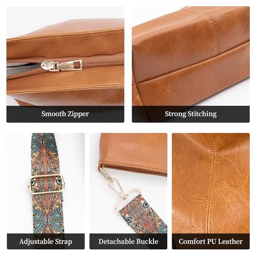 Hobo Bags for Women Crossbody Bag Guitar Strap Purse Vegan Leather Shoulder Handbags Boho Purses Tote Bucket Bag - color: Orange