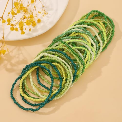 17pcs Bohemian Stackable Multilayer Elastic Bracelets - Handmade Seed Beaded Jewelry for Women & Girls - color: 30Pcs Green