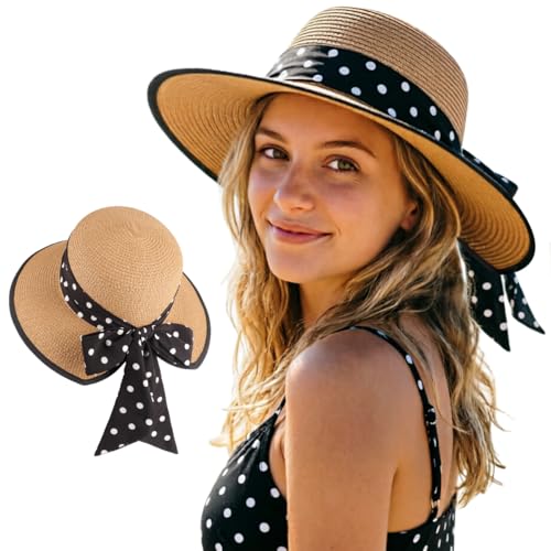 DRESHOW Sun Hats for Women Travel Fedora Foldable Beach Sun Hat Summer Wide Brim Straw Bucket Hat with Bowknot UPF 50+ - color: 1 Pack Bowknot Straw Hat: Khaki (Black Polka Dot Band)