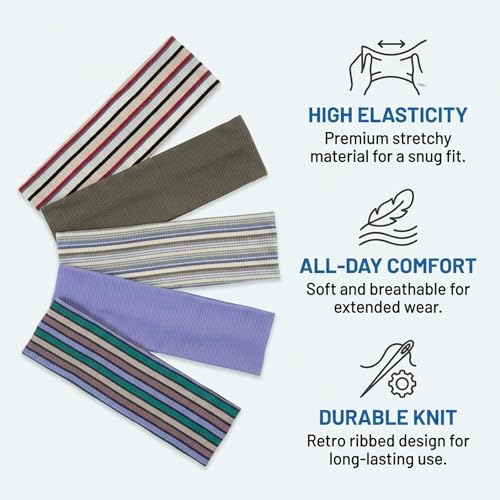 5Pcs Striped Headband, Striped Headbands for Women, Stretchy Headbands with Retro Knit Design, Fabric Headband in Stretchable Style for Everyday Wear, Yoga, Workout & Fashion Outfits Gifts
