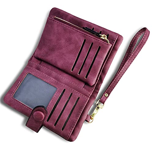 AOXONEL Women's Small Bifold Leather wallet Rfid blocking Ladies Wristlet with Card holder id window Coin Purse - color: Purple