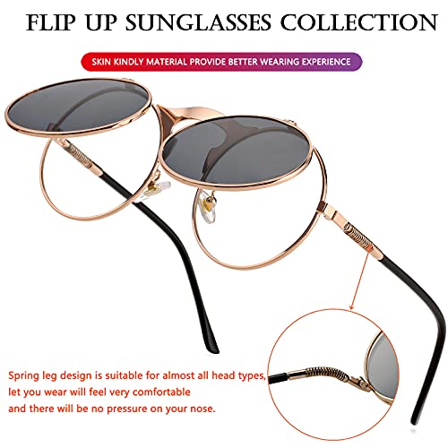AIEYEZO Round Flip Up Sunglasses for Men and Women Rave Flip Glasses 90's Retro Steampunk Style - color: A3 Rose Gold/Grey