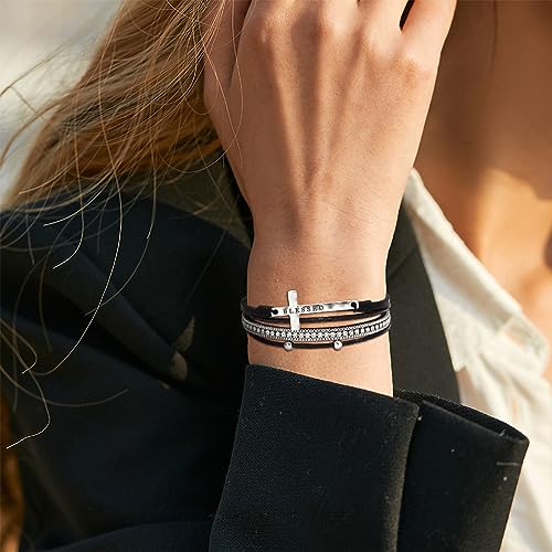 Fesciory Leopard Bracelet for Women, Boho Leather Wrap Multi-Layer Pearl Crystal Bracelet Bangle Jewelry - style: Blessed Cross(Black)