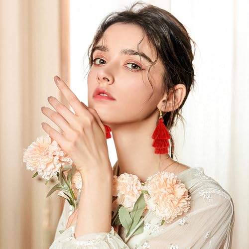 Earrings for Women Dangling, Layered Tassel Earrings Fringe Earrings Bohemian Studs Drop Earrings - color: Red