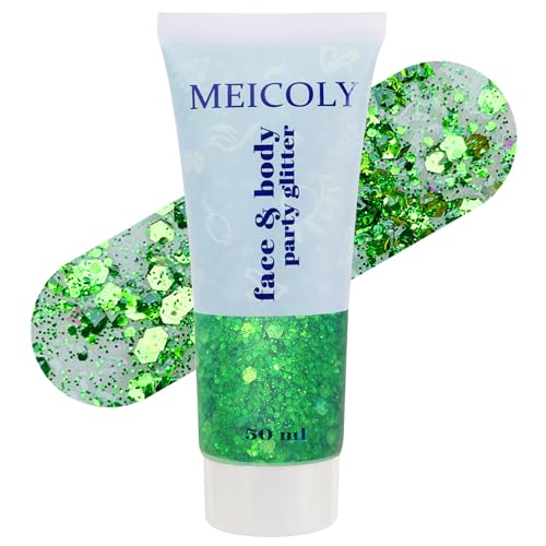 MEICOLY Green Face Body Glitter,St Patricks Day Chunky Hair Glitter for Women Kids,Self-Adhesive Holographic Green Accessories Irish Parade Makeup,Spirit Day Wear,Alien Costume,Festival Rave Outfits - color: green body glitter