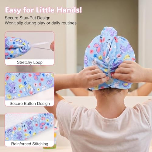 Basumee Microfiber Hair Towel Wrap for Kids 2 Pack Rapid Drying Hair Towel with Button Hair Turbans for Wet Hair Wraps Head Towel Wrap for Women and Girls, Flower - color: Flower and Butterfly