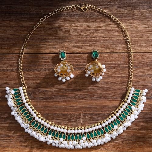 Bohemian Jhumka Earring Necklace Set for Women Bride Wedding Bollywood Crystal Pearl Beaded Antique Gold-Tone Indian Bell Jhumki Dangle Earrings Choker Necklace Ethnic Festive Party Wear Jewelry - color: Green