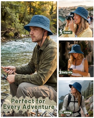 Water-Resistant Bucket Hat for Women Men Rain Hat UPF 50+ Boonie Sun Hat Foldable Summer Floppy Fishing Safari Hats - color: Deep Ocean Blue