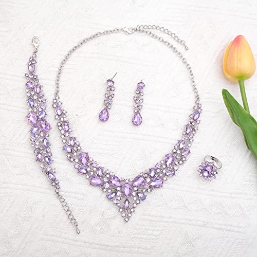 CSY 4 Pcs/Set Austrian Crystal Necklace Earrings Bracelet Ring Bridal Jewelry Sets for Brides Wedding Party Costume Accessories Gifts for Women - color: white gold plated-violet