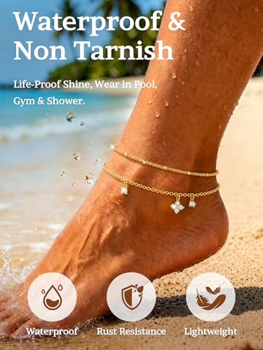 2 PCS Gold/Silver Ankle Bracelets for Women 14K Gold Plated Anklet Set Non Tarnish Waterproof Adjustable Dainty Stackable Layered Hypoallergenic Beach Essentials Summer Jewelry Gift - style: Style2