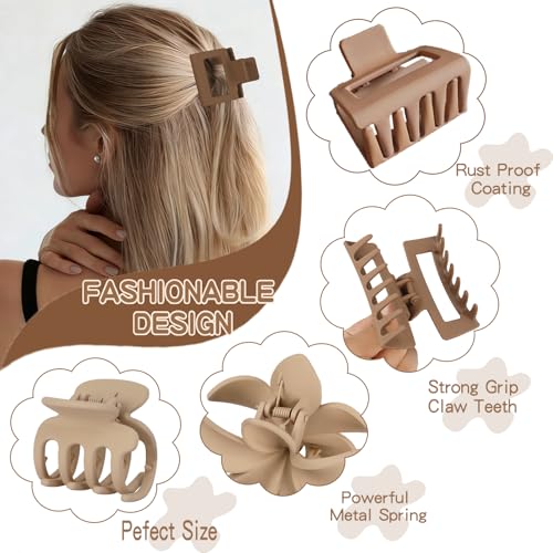 8 Pcs Matte Hair Clips for Women, Strong Hold Non-Slip Claw Clips for Girls, Flower Hair Clips for Thin Hair, Rectangle Claw Clips for Thick Hair, Neutral Colors Hair Accessories（Cream & Beige ） - color: White