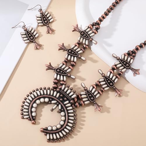 4 PCS Western Turquoise Jewelry for Women Boho Vintage Navajo Pearl Necklace Earring Bracelet Ring Set Country Cowgirl Accessories for Gift - color: P-White（No Bracelet No Ring）