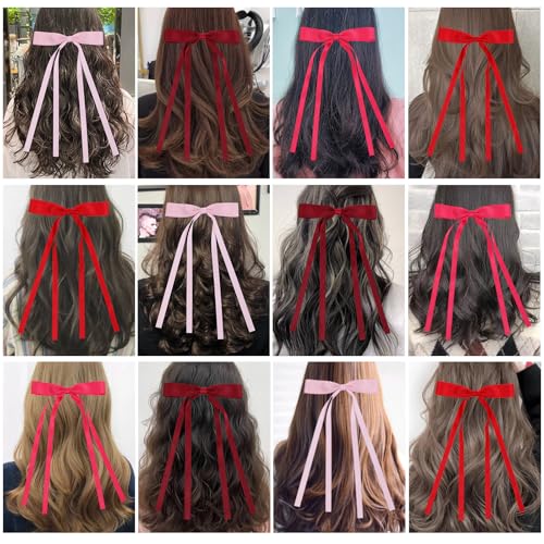 WORTL Hair Bows Clips Coquette Ribbon Bowknot with Long Tail Princess Hair Bows French Barrettes Hair Accessories for Women Girls 16PCS (Red, Rose red, Wine red, Pink) - color: Red, Rose red, Wine red, Pink