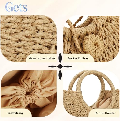Gets Handwoven Rattan Top-handle Bag for Women Bohemian Round Straw Tote Bag Beach Large Carrying Handbag - color: Khaki