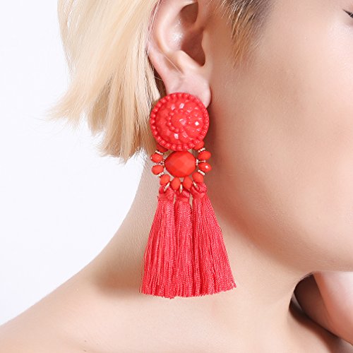 boderier Bohemian Statement Thread Tassel Chandelier Drop Dangle Earrings with Cassandra Button Stud - color: Red
