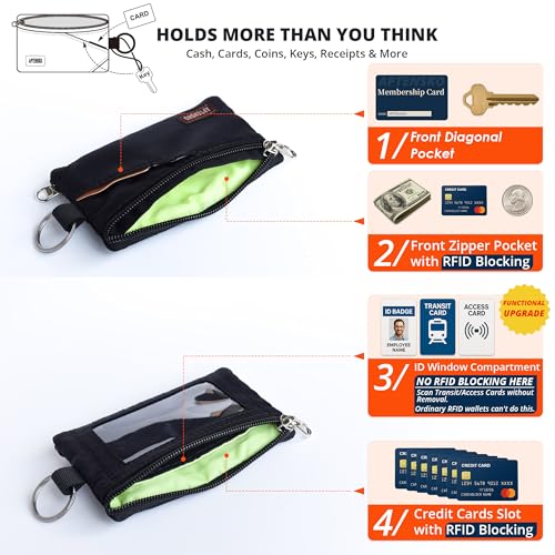 RFID Blocking Travel Wallet with Adjustable Lanyard, Small Nylon Zipper Pouch and Badge Holder for ID, Credit Cards, Cash, Keys, Commuters (Black) - color: Black