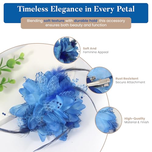 4.72 Inches Elegant Hair Clip Large Flower Brooches for Women | Flower Mesh Feathers Headwear Ponytail Holder & Hair Clips for Wedding | Charming Floral Lapel & Brooch Pins for Women Fashion (Blue) - color: Blue
