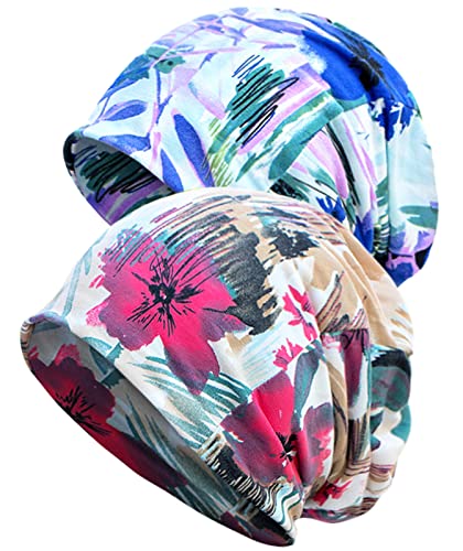 XYIYI Womens Chemo Headwear Hats Cotton Slouchy Beanie Cap Scarf - color: 2pcs Ink Water Red Blue-w