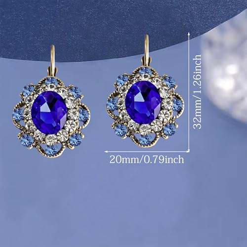 Handmade Bohemian Vintage Gold Sparkly Crystal Round Flower Leverback Earrings Cute Rhinestone Geometry Dangle Drop Earring for Women - color: White Blue