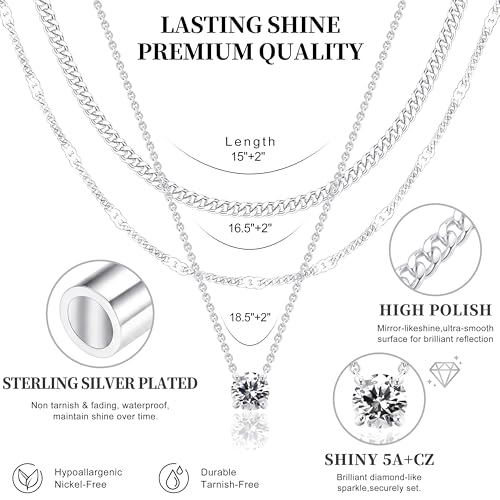 WomenGifts Layered Gold Necklaces for Women, 14K Gold Sterling Silver Plated Dainty Pendant Necklace Set Non Tarnish, Chunky Stackable Cuban Chain Choker, Trendy Birthstone Vacation Jewelry Gift - color: Silver, style: Cubic Zirconia