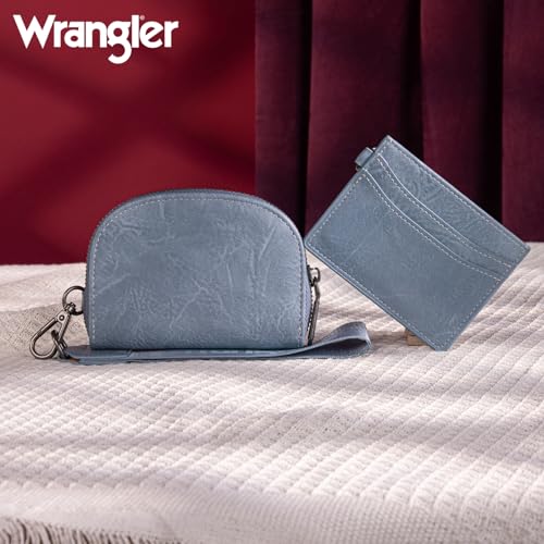 Wrangler KeyChain Wallet Wristlet Wallets for Women Dual Pouch Wristlet with Zipper Womens Credit Card Holder Wallet - color: A-Jean