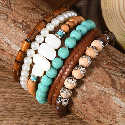 Long tiantian Western Turquoise Beaded Bracelet Set for Women Stackable Cowgirl Bracelets Boho Concho Jewelry Country Concert Rodeo Outfit Accessories Gifts - color: E2:western wooden dress