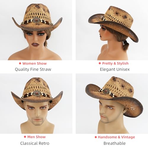 Straw Cowboy Hat for Women and Men with Shapeable Wide Brim Sun Beach Western Cowgirl Hat - color: Khaki-paint