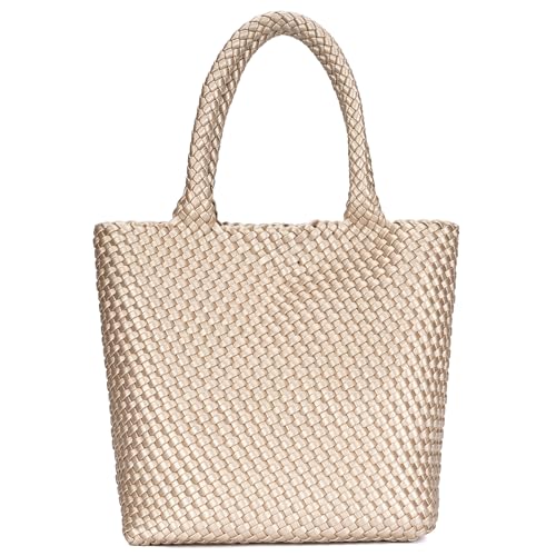 BAGOK Woven Tote Bag for Women, Handwoven Vegan Leather Shoulder Bag with Clutch, Large Tote for Work, Travel & Beach - color: Gold