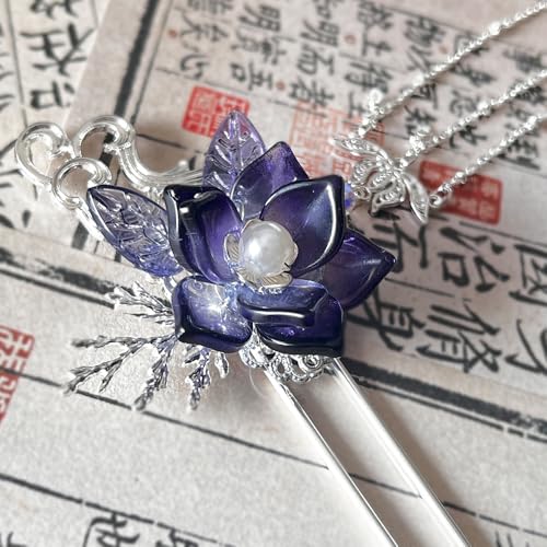 Deep Purple Camellia Flower with Pearl Tassels Hairpin Chinese Hanfu Handmade Hair Clip Hair Accessories for Women Girls Long Hair (Deep Blue Purple Camellia) - color: Deep Blue Camellia