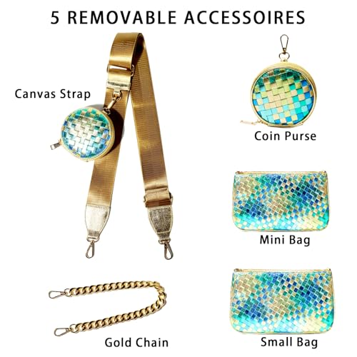 Handmade Woven Small Crossbody Bag for Women with Coin Purse, Designer Shoulder Handbag 3pcs Set, Mini Tote Clutch - color: Green Multicolor