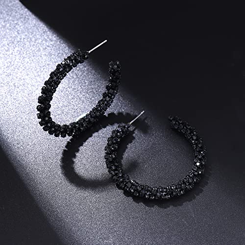 Rhinestone Hoop Earring for Women Sparkly Crystal Wrapped Hoop Dangle Earrings Statement Boho Gold Black Plated CZ Hoop Earring - color: A:Cool Black