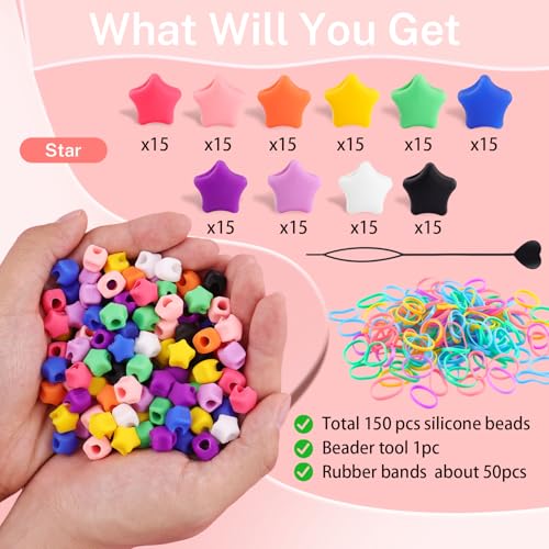 150Pcs Star Shaped Silicone Hair Beads for Braids, 5mm hole Soft Pony Beads Bulk, Multi-color Hair Jewerly Accessories Kit with 60 Rubber Bands and 1 Beader for Braids,DIY Bracelets and Crafts - color: Star-Multicolor-150pcs