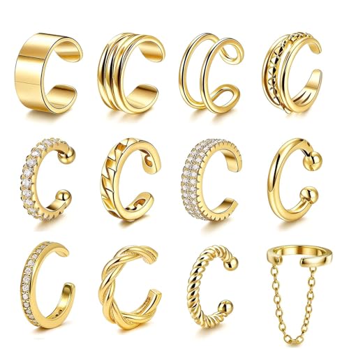 Ear Cuffs Non Piercing 14K Gold Plated Ear Cuff Earrings for Women Trendy Clip on Cartilage Earring Stacks Non Pierced Adjustable Fake Earrings Set Jewelry - color: A5:Gold Ear Cuffs-12Pcs