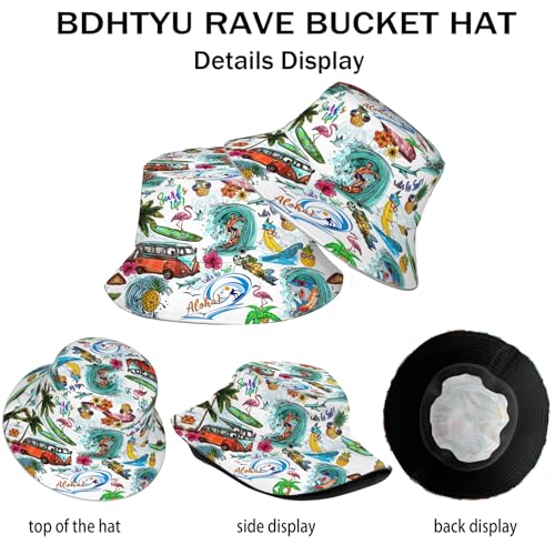 NASIAN Psychedelic Trippy Rave Bucket Hats for Women Men Outdoor Travel Beach Sun Hat Festival Outfits - color: Hawaiian Style