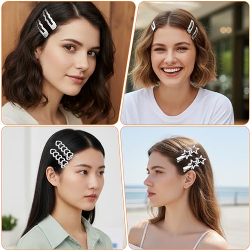 Ymapinc Silver Star Hair Clips, 16pcs Y2K Heart Hair Barrettes, Hair Accessories for Women Girls, 2000s Style Non-Slip Silver Metal Clips