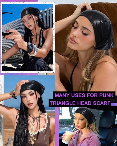 Punk Triangle Head Scarf with Metal Charms - Y2K Sparkly Bandana for Women | Vintage Neck Scarf for Festival Party Concert - color: Black