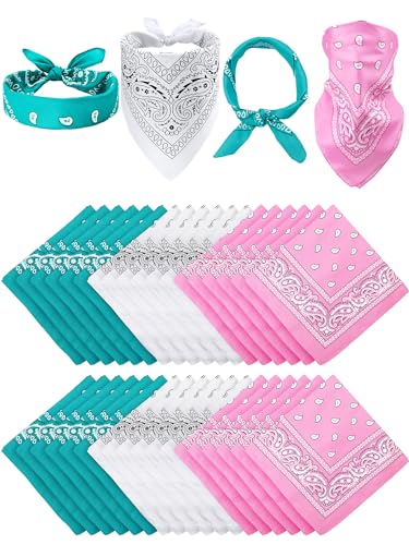 Unittype 36 Pieces Paisley Bandana Cowboy Bandanas Sports Novelty Headband Square Scarf Outdoor for Western Party Costume - color: Light Pink,teal Color,white, style: Simple Style