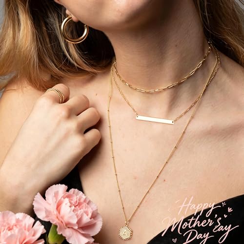 Turandoss Layered Initial Necklaces for Women, 14K Gold Plated Bar Necklace Handmade Layering Hexagon Letter Pendant Beads Chain Necklace Layered Necklaces for Women Jewelry Gifts - style: A.
