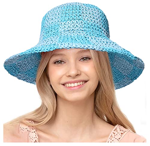 Sun Hats Checkerboard Straw Bucket Hat for Women Packable Crochet Wide Brim Floppy Beach Hats Traveling Summer Accessories - color: Blue