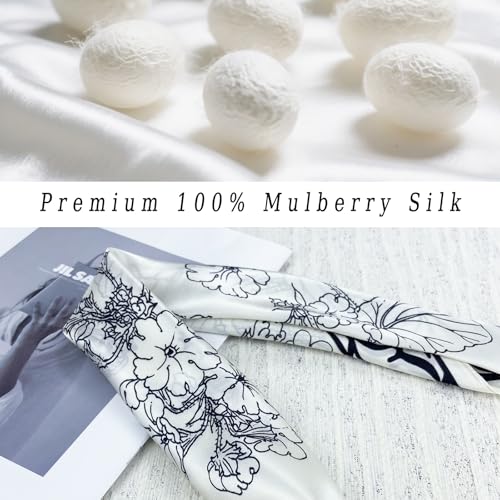 Women's Small 21 inch 100% Silk Scarf Bandana for Head Neck Hair | 100% Mulberry Silk Lightweight Designs Gift-Ready Packaging For Hair Fashion 21"x21" Printed - color: 105white Black