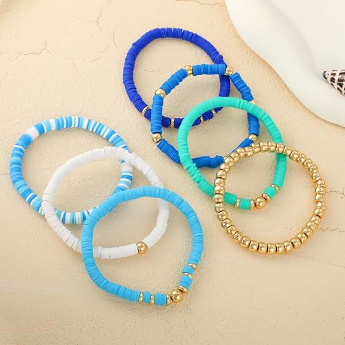 GOOJIDS Surfer Heishi Clay Bead Bracelets for Women Bohemian Stackable Gold Plated Beaded Stretch Bracelets Elastic Layering Friendship Bracelets Set Boho Jewelry - color: B-Blue New Set